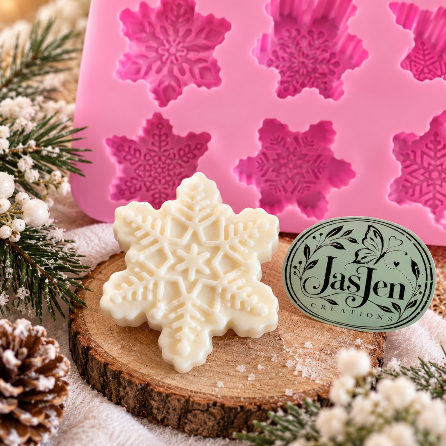 White snowflake-shaped JasJen handmade rice soap